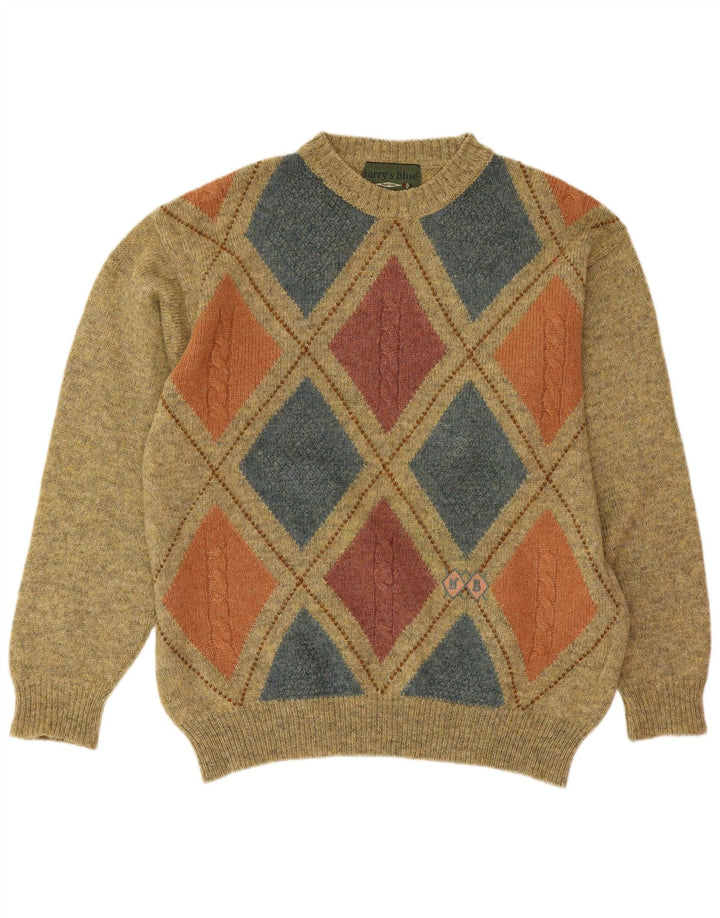 Vintage hombres cuello redondo jersey suéter medio verde Argyle/lana de diamante