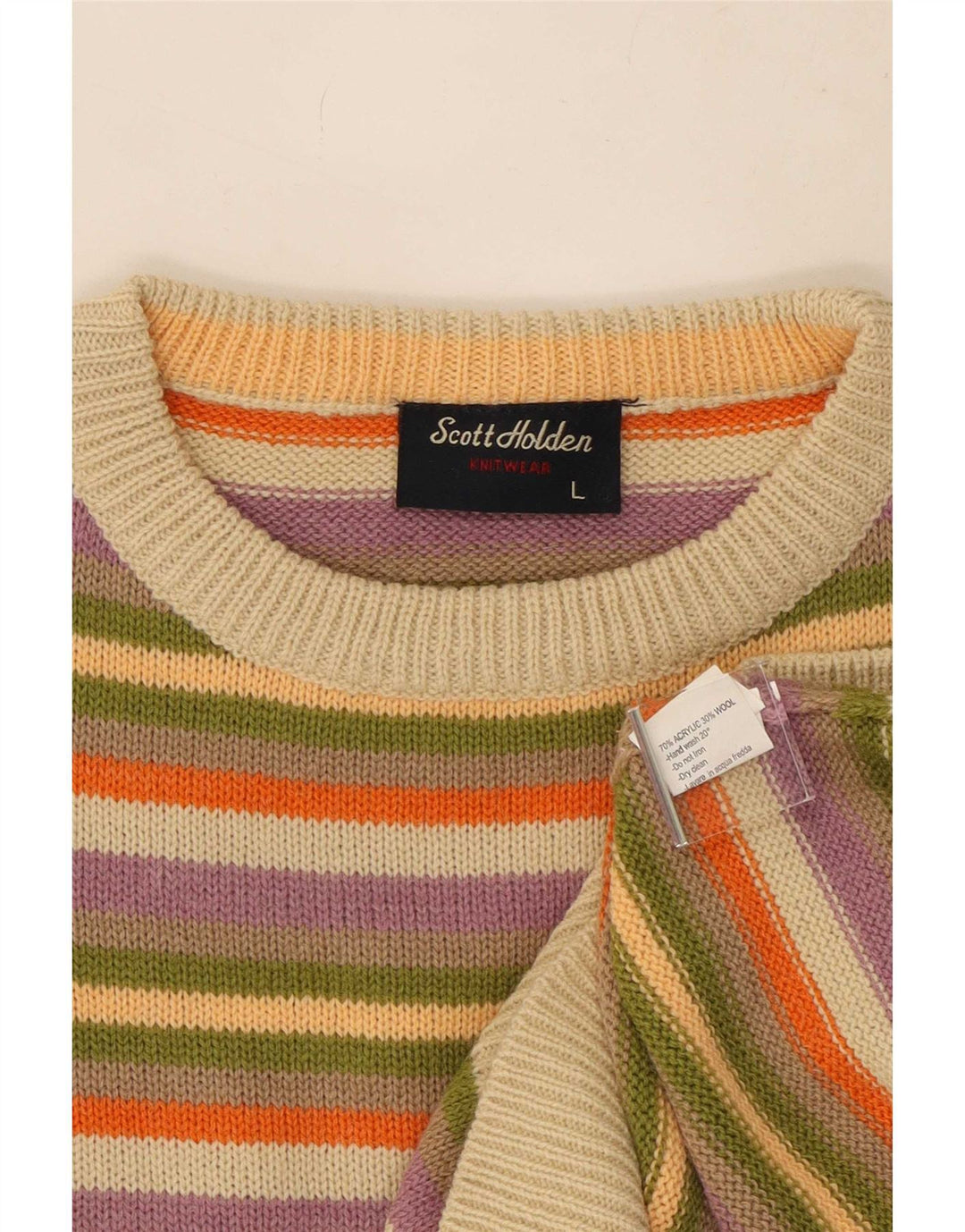 Vintage hombres cuello redondo jersey suéter grande multicolor rayas acrílico