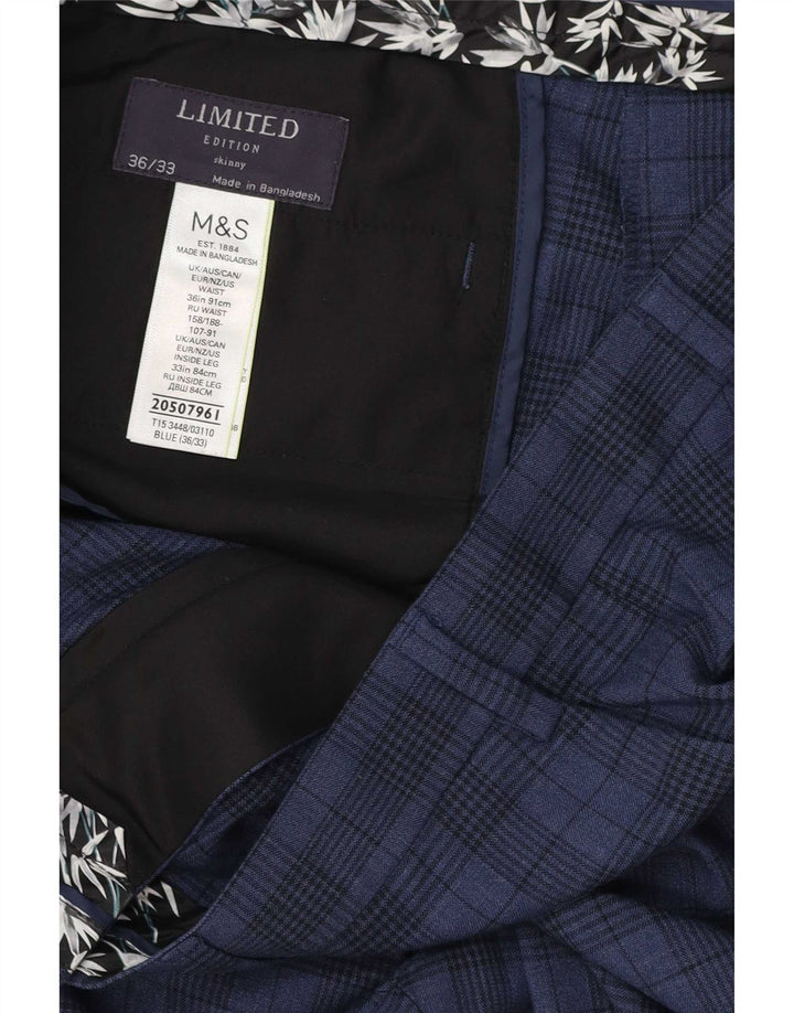 Marks & Spencer Pantalón de traje ajustado para hombre W36 L33 Poliéster a cuadros azul marino