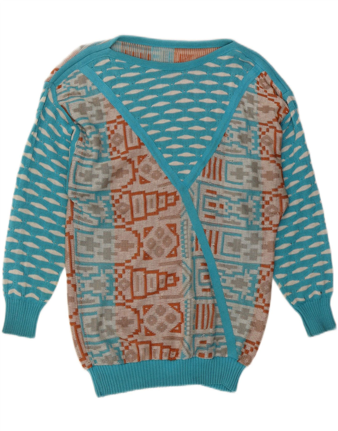 VINTAGE Mujer Barco Cuello Jumper Suéter Reino Unido 14 Azul Medio Geométrico