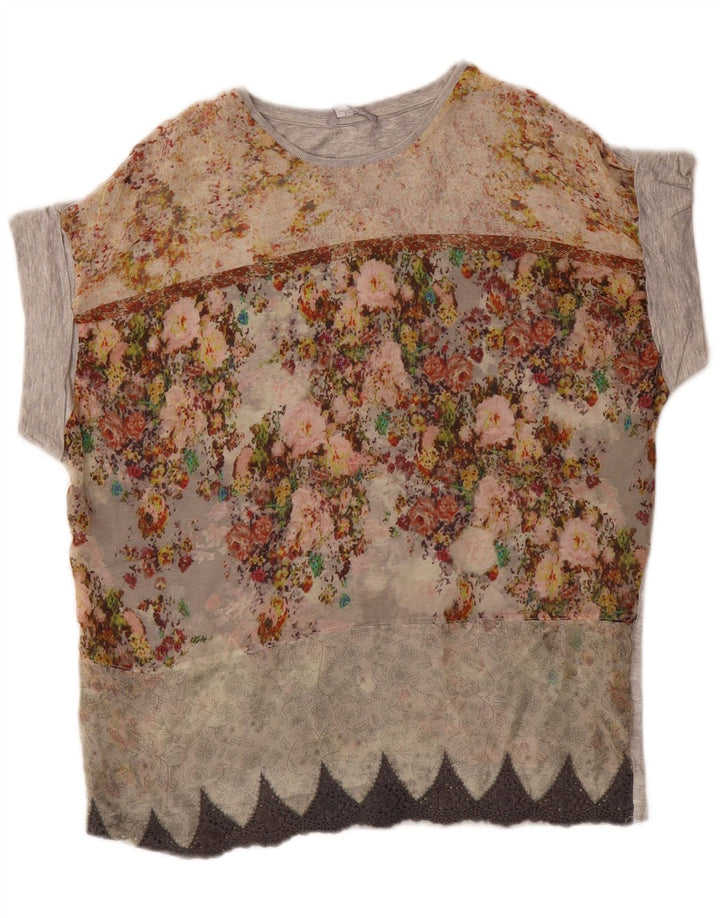 Zara Mujer Blusa Top UK 44 Gris Medio Floral
