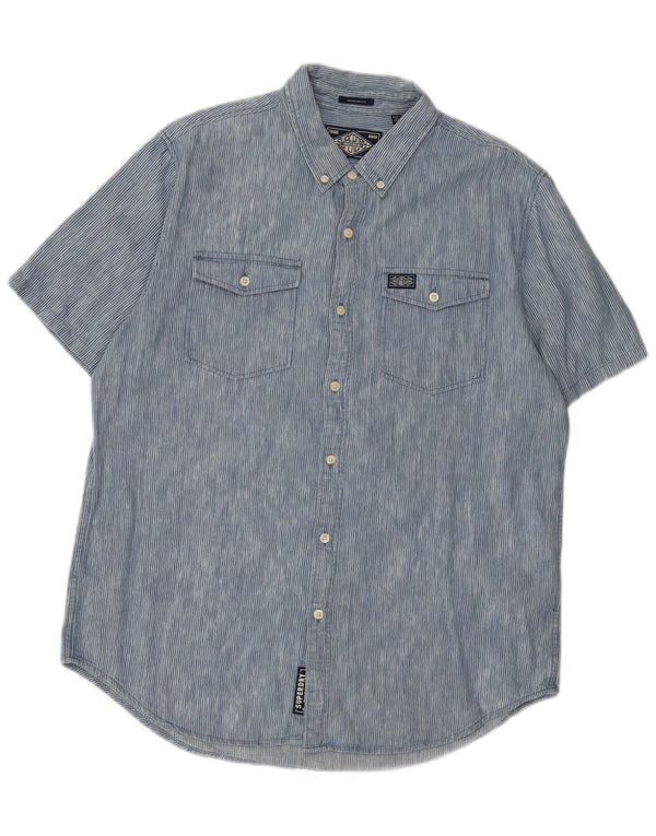 Superdry Camisa de manga corta y ajuste regular para hombre, talla 2XL, algodón a rayas azules