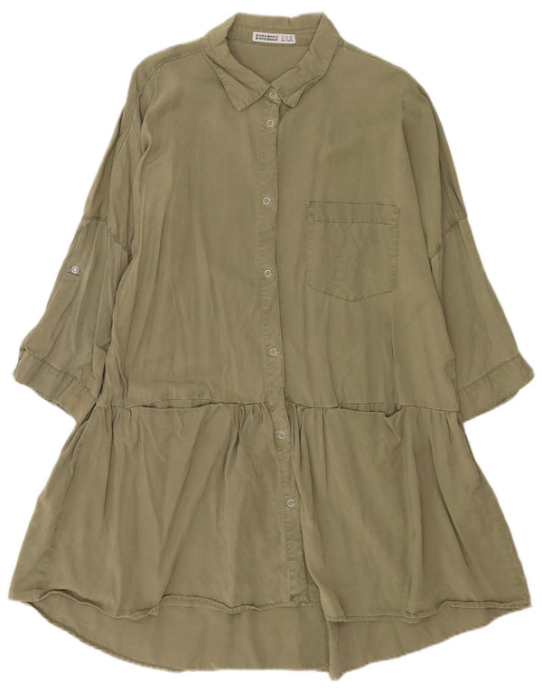 Zara Mujer Vestido Camisero Manga 3/4 Murciélago UK 40 XL Caqui