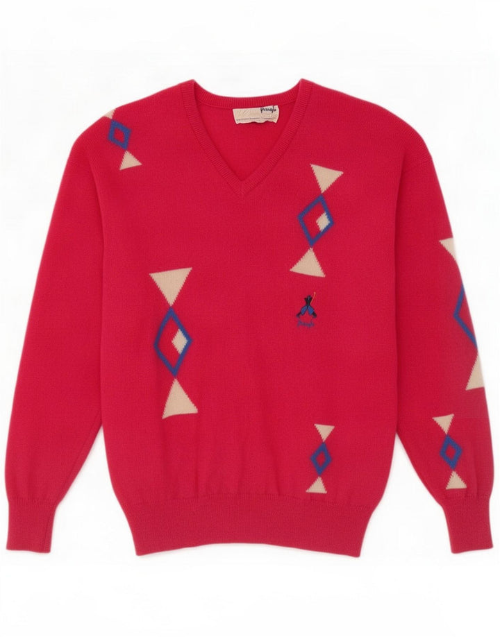 Jersey Pringle para hombre con cuello en V de lana geométrica rosa medio