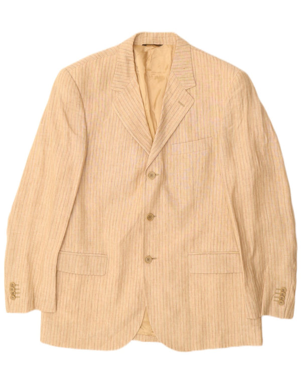 Vintage hombres 3 botones Blazer chaqueta IT 52 XL beige tela a rayas lino