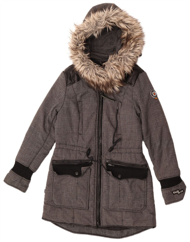 KHUJO Parka con capucha para mujer UK 44 Poliéster color block gris medio