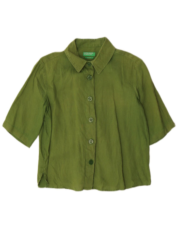 BENETTON Womens Oversized Short Sleeve Shirt UK 6 XS Green Linen