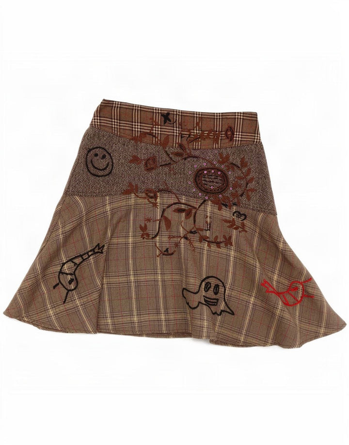 Desigual Falda Acampanada para Mujer EU 38 Small W28 Poliéster a Cuadros Marrón