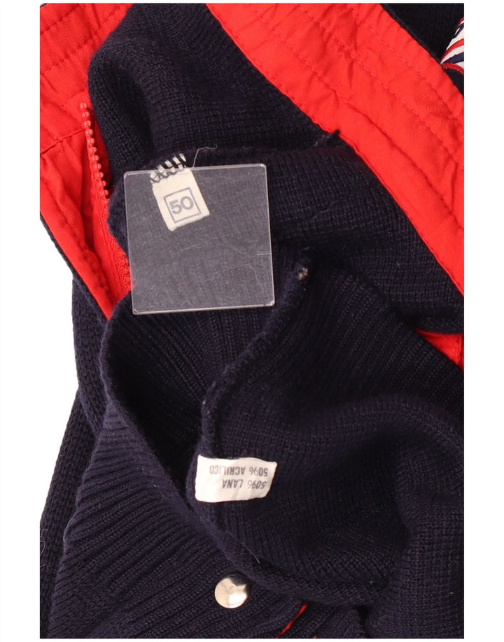 Vintage hombre cardigan suéter IT 50 medio azul marino colorblock lana