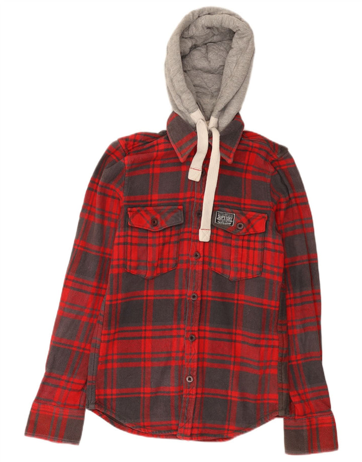 SUPERDRY Hombre Camisa de franela con capucha de algodón a cuadros rojos pequeños