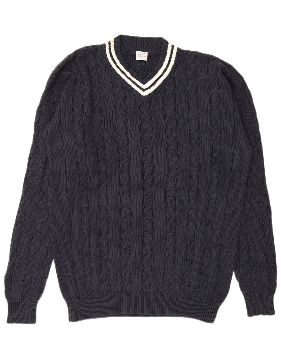 Vintage hombres V-cuello jumper suéter medio azul marino algodón