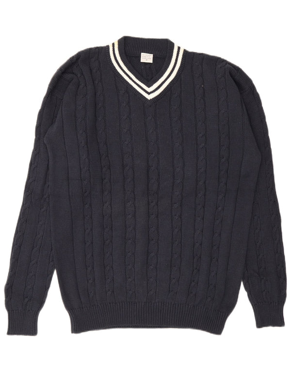 Vintage hombres V-cuello jumper suéter medio azul marino algodón