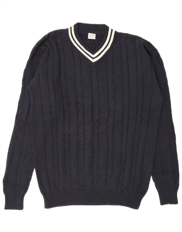 Vintage hombres V-cuello jumper suéter medio azul marino algodón