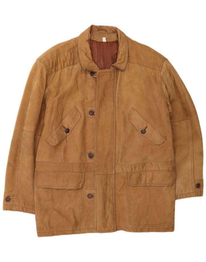 VINTAGE Mens Loose Fit Leather Jacket IT 46 Small Brown Leather