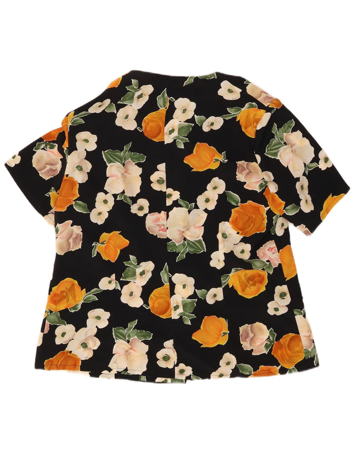 VINTAGE Blusa camisa de manga corta para mujer Reino Unido 16 Grande Negro Floral
