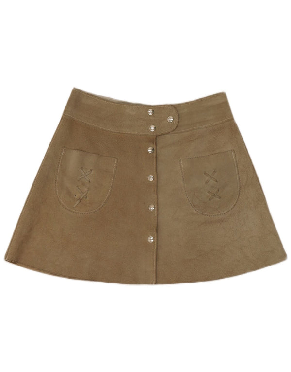 Vintage mujer ante mini falda W28 cuero caqui medio
