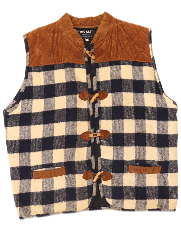 Vintage Mens Duffle Gilet UK 40 Large Navy Blue Check Cotton