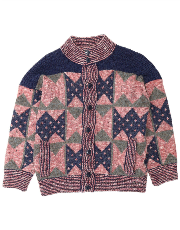 Vintage hombres Cardigan suéter medio rosa geométrico