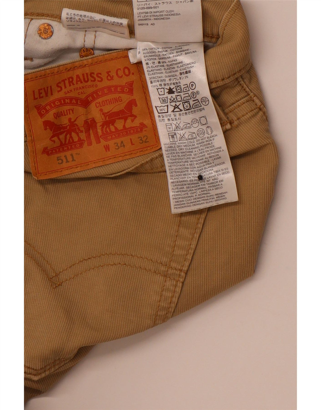 LEVI'S Mens 511 Slim Casual Pantalones W34 L32 Algodón Beige