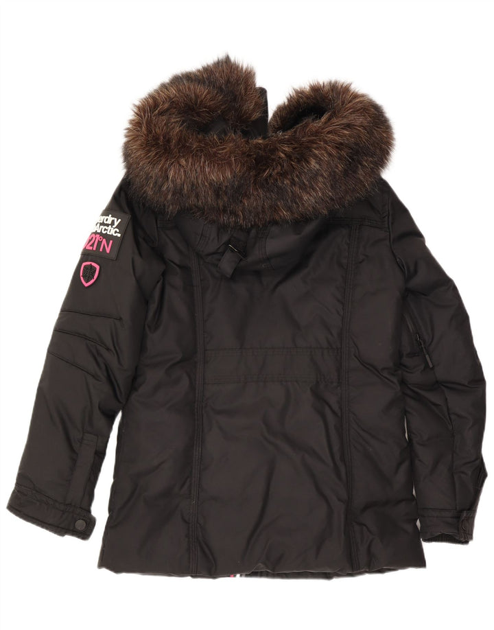 Superdry Mujer Chaqueta Acolchada Con Gráfico Y Capucha UK 40 Small Nylon Negro