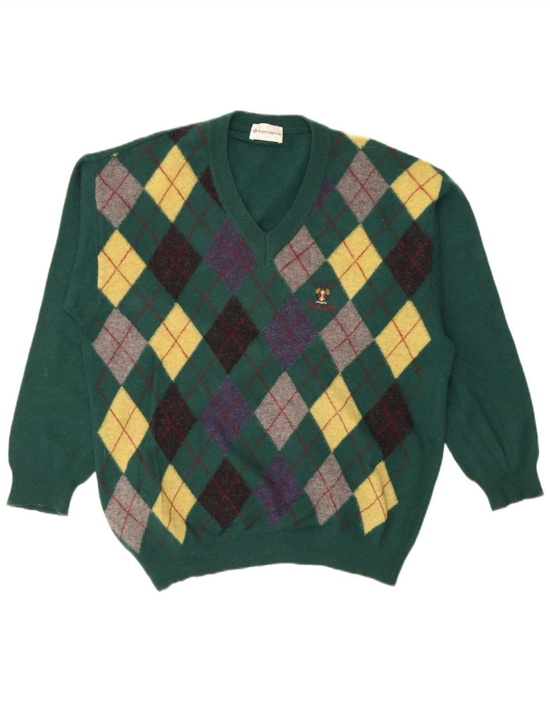 Burlington Jersey con cuello en V para hombre IT 52 Large Green Argyle/Diamond Wool