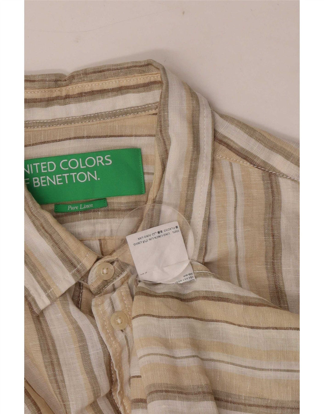 Camisa Benetton Hombre Lino Rayas Beige Medio