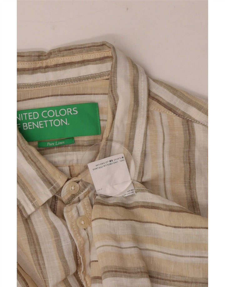 Camisa Benetton Hombre Lino Rayas Beige Medio