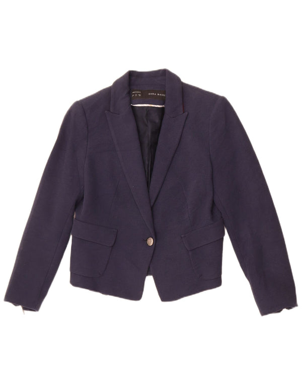 Zara Mujer Crop 1 Botón Blazer Chaqueta UK 44 Grande Azul Marino Algodón