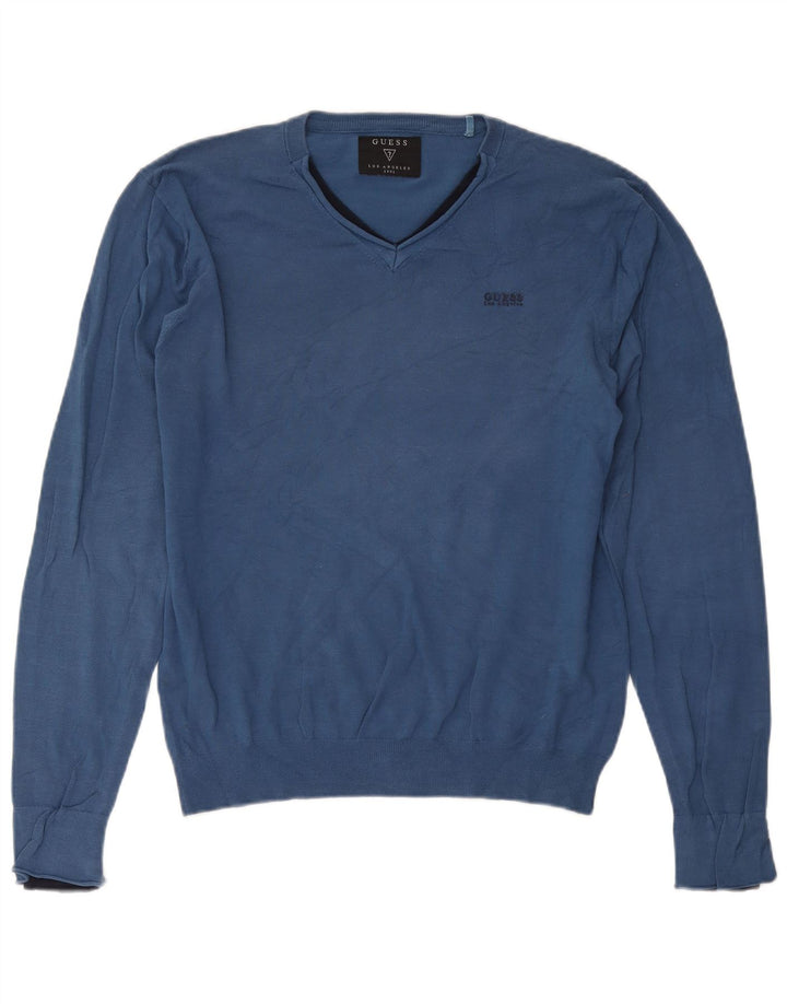 Guess Jersey con cuello en V para hombre, talla grande, algodón azul