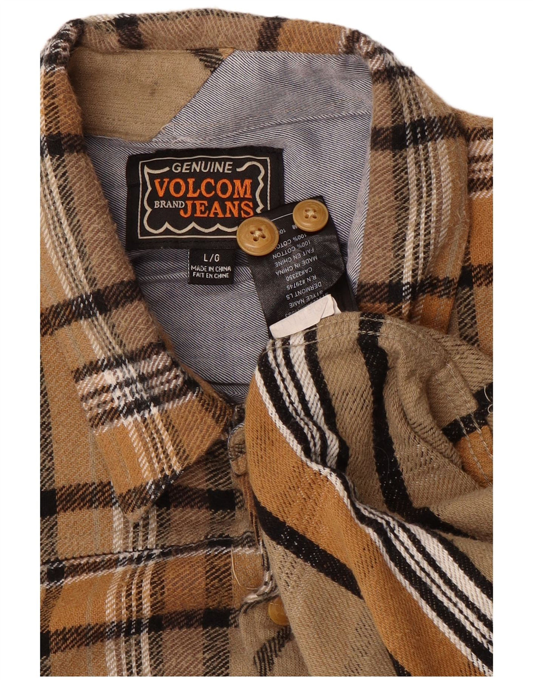 VOLCOM Camisa de franela para hombre Large Brown Check Cotton