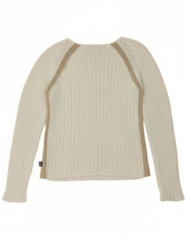 Killer Loop Suéter tipo jersey con cuello barco para mujer, talla 40, talla pequeña, color blanco a rayas