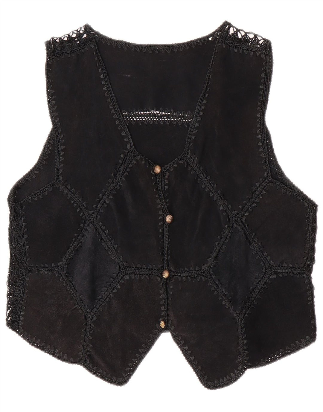 Vintage mujer crop ante chaleco Reino Unido 14 medio negro patchwork