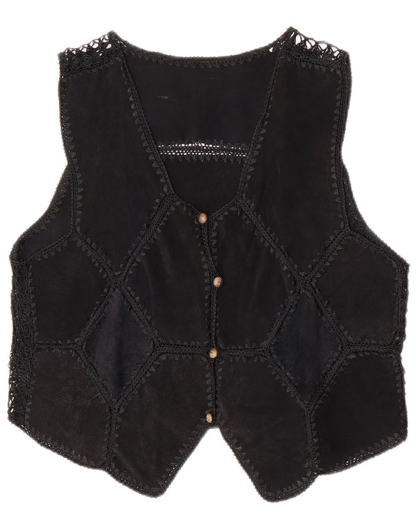 Vintage mujer crop ante chaleco Reino Unido 14 medio negro patchwork