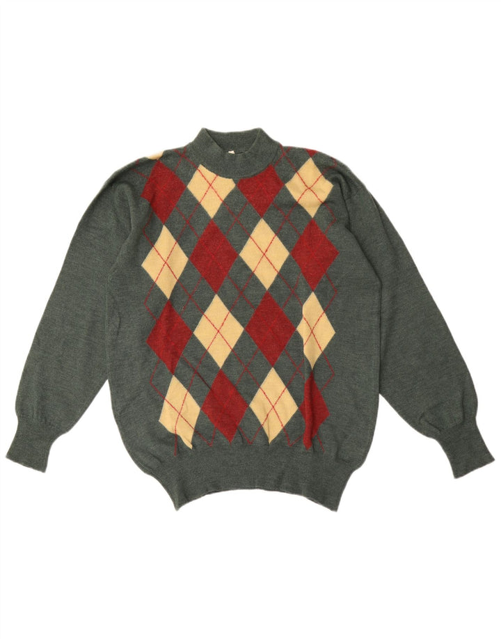 Vintage hombres tortuga cuello jersey suéter IT 50 medio verde Argyle/Diamante