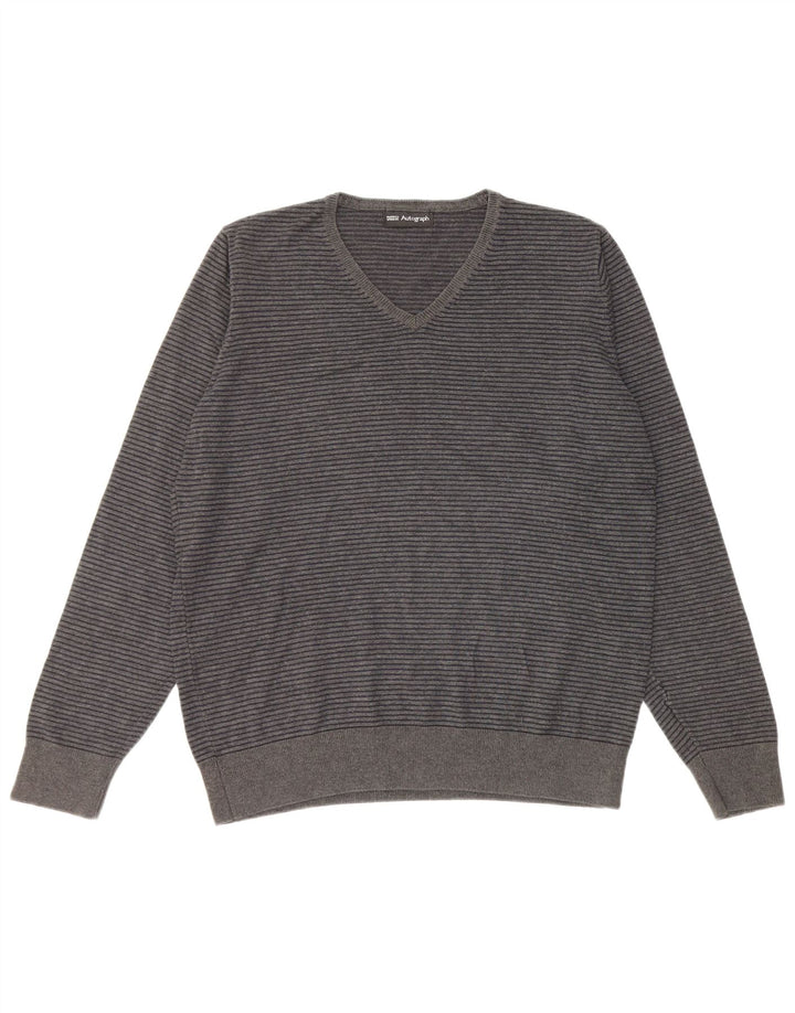 MARKS & SPENCER Suéter tipo jersey con cuello en V y autógrafo para hombre gris medio a rayas