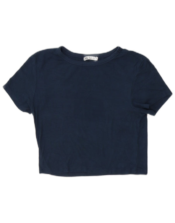 Zara Womens Crop T-Shirt Top UK 14 Large Navy Blue Viscose