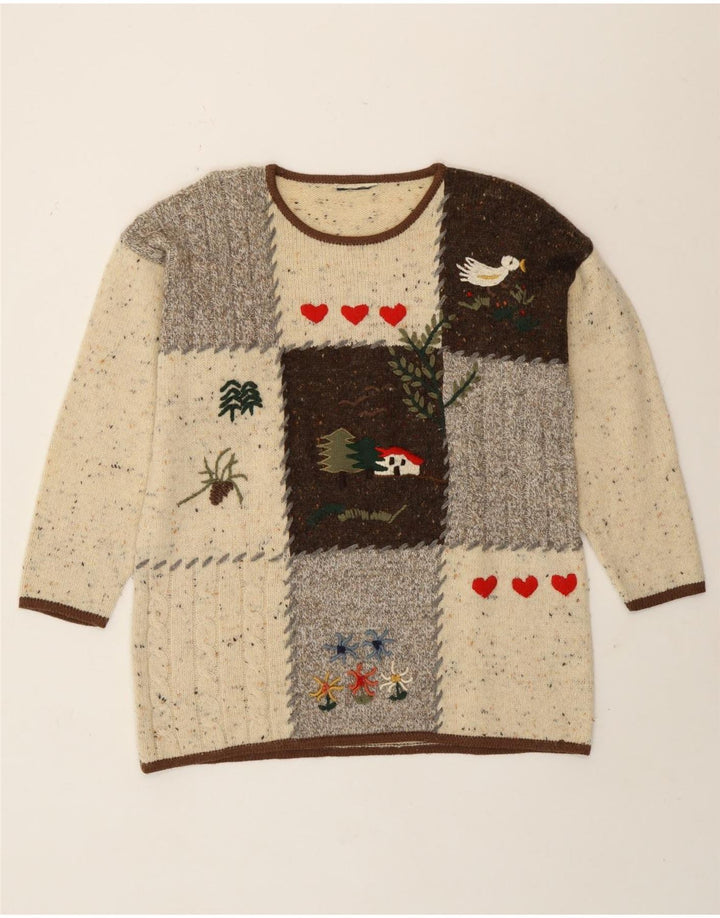 Vintage mujer cuello redondo jersey suéter Reino Unido 16 grande beige patchwork novedad