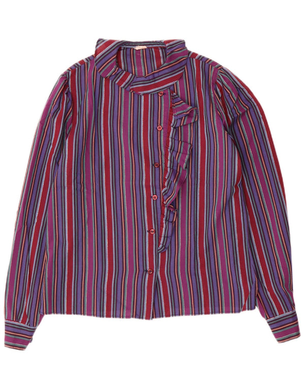 Vintage mujer volante camisa delantera blusa Reino Unido 14 medio multicolor rayas