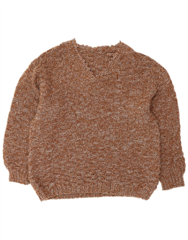 VINTAGE Mujer V-Cuello Jumper Suéter Reino Unido 16 Grande Marrón Flecked