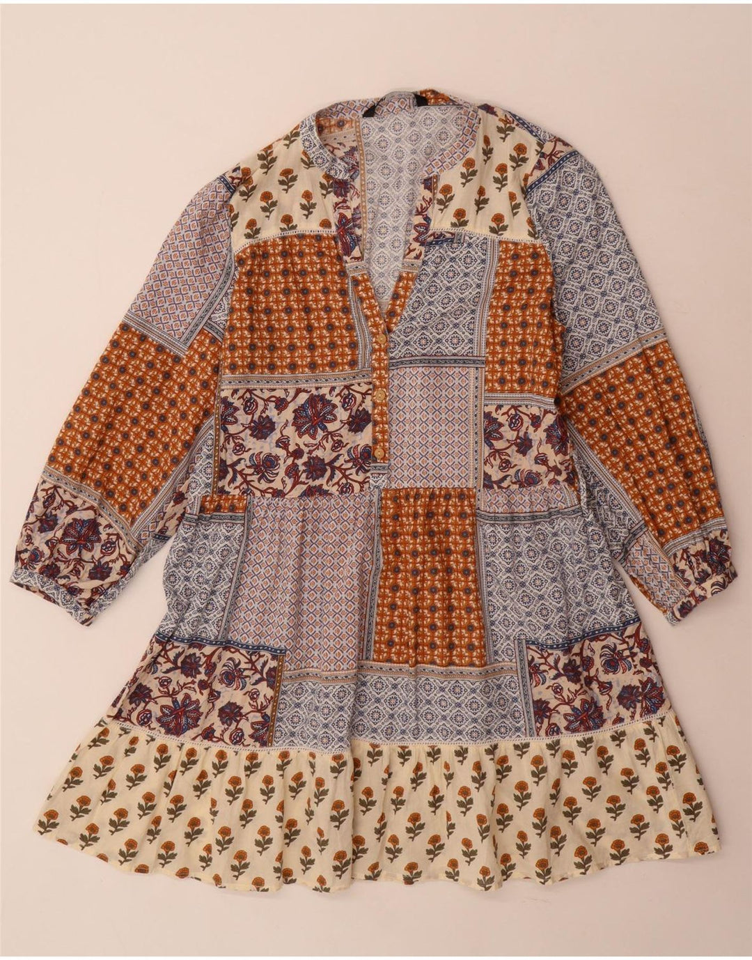 Zara Vestido Escalonado De Manga Larga para Mujer UK 40 Pequeño Patchwork Multicolor