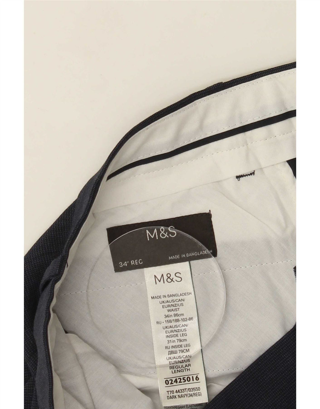 Marks & Spencer Pantalón de traje regular para hombre W34 L30 Poliéster azul marino