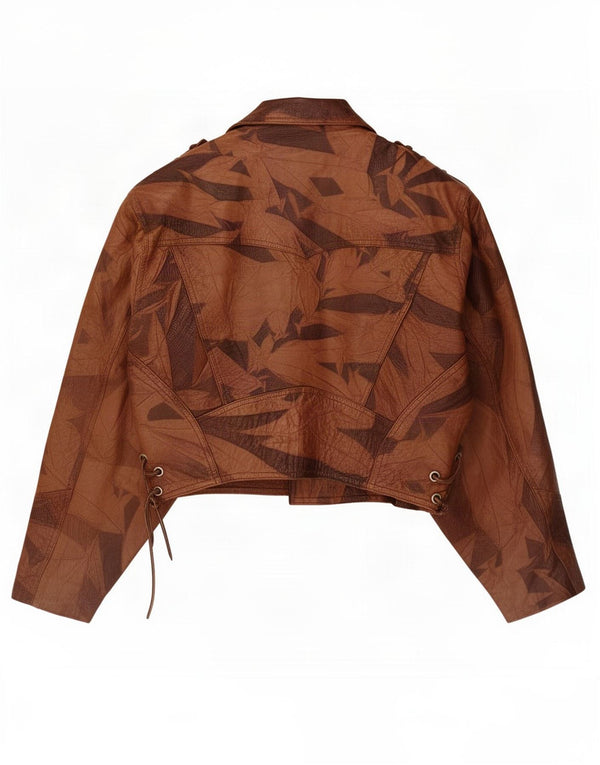 Vintage mujeres cosecha suelta ajuste cuero biker chaqueta US 2 XS marrón geométrico