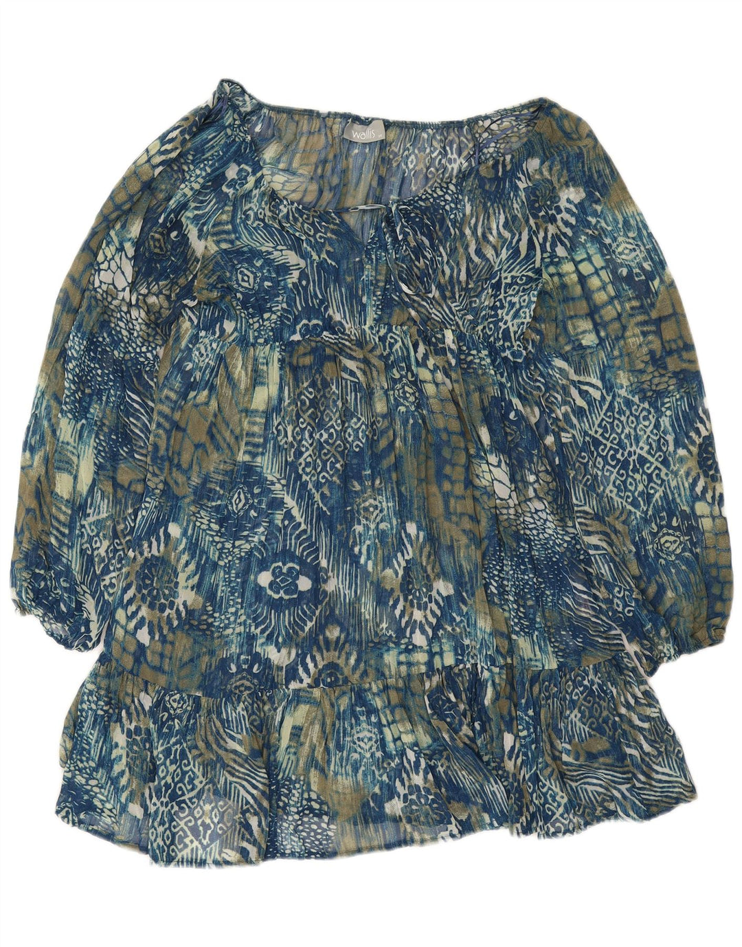 Wallis Vestido escalonado de manga larga para mujer UK 42 Azul medio Paisley Poliéster