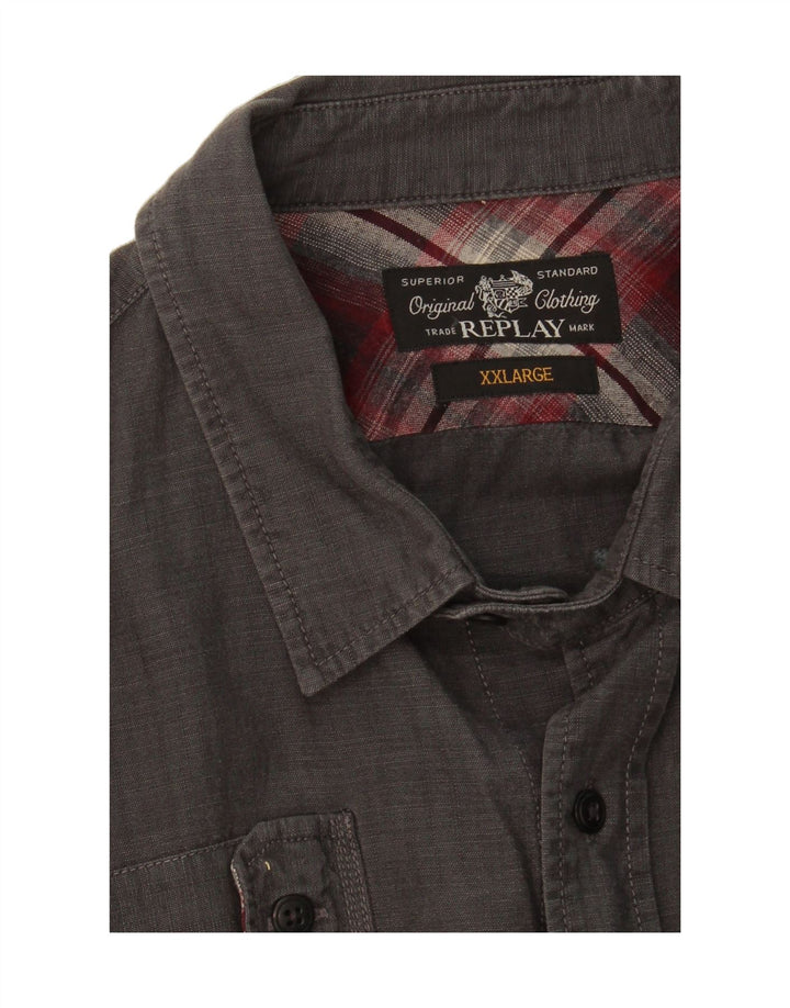 REPLAY Mens Graphic Military Shirt 2XL Grey Vintage Replay and Second-Hand Replay from Messina Hembry 