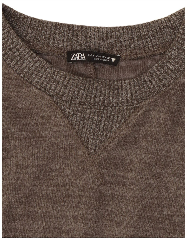 Zara Mujer Crop Top Manga Larga UK 10 Small Gris Moteado