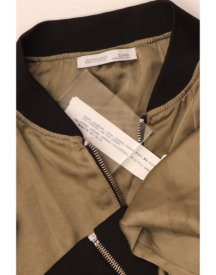 ZARA Mujer Crop Bomber Jacket UK 10 Small Beige Colorblock Poliéster