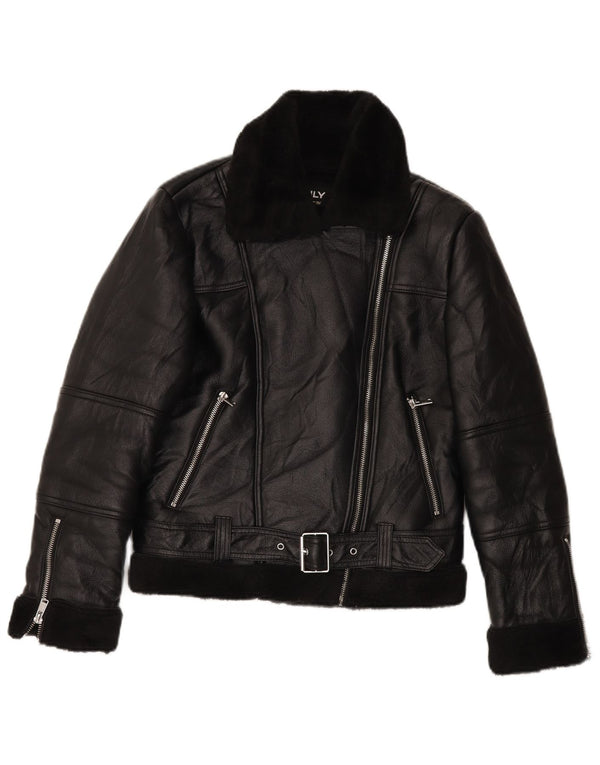 VINTAGE Mujer Sherpa Chaqueta Biker de Cuero Sintético Reino Unido 10 Pequeño Negro