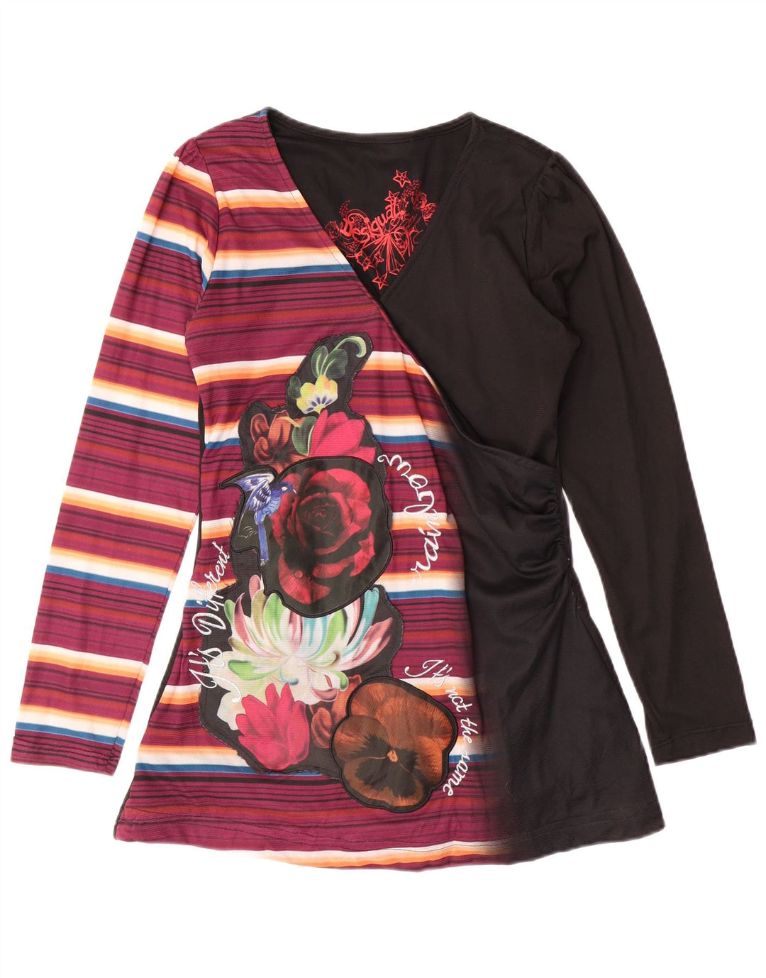 DESIGUAL Womens Graphic Top Long Sleeve UK 12 Medium Multicoloured Floral