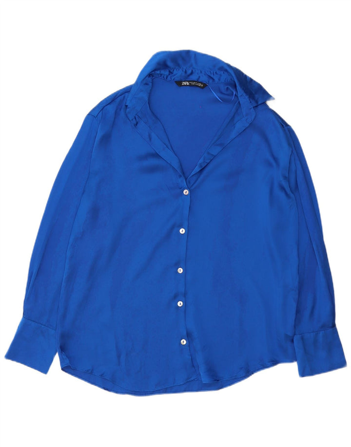 ZARA Mujer Blusa Camisa ES 44 Azul Medio Poliéster