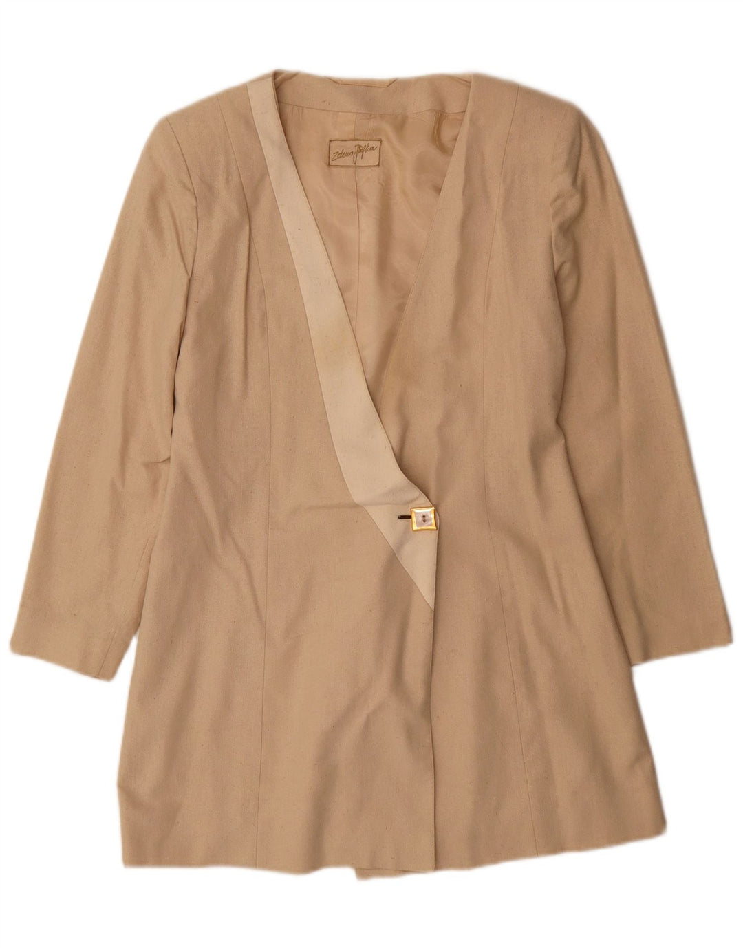 Vintage mujer longline 1 botón Blazer chaqueta Reino Unido 10 pequeña seda beige